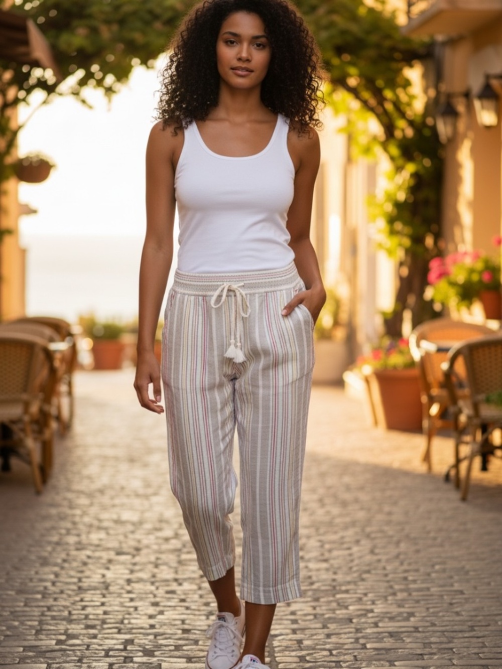 Westbound Woman Linen Blend Striped Cropped Pants Pull On Pockets,2X